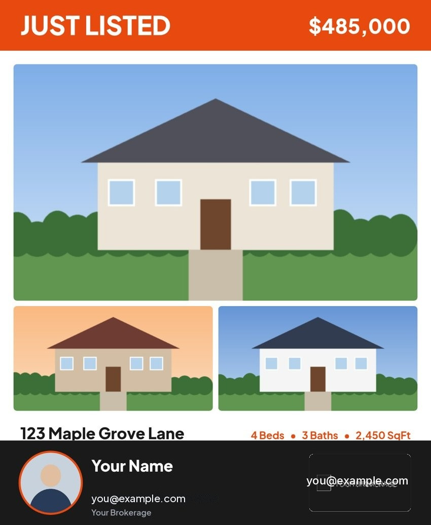 Sample PropertyBlasters flyer: Just Listed header with price, one large and two smaller property photos, address and details, and an agent bar with headshot, contact info and brokerage logo